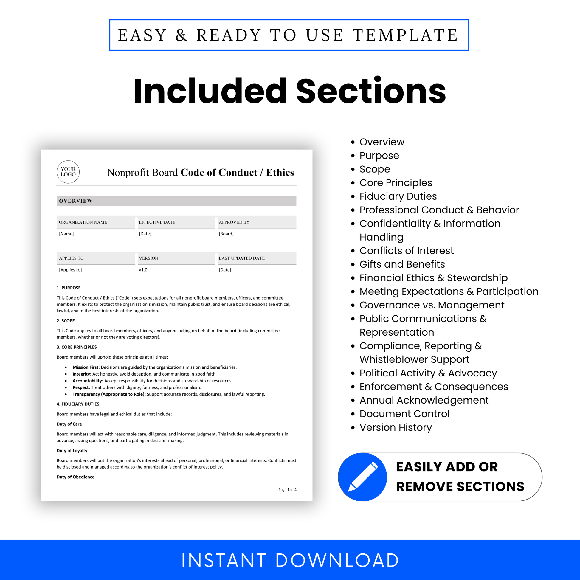 Nonprofit board code of conduct policy template with included sections on a white background