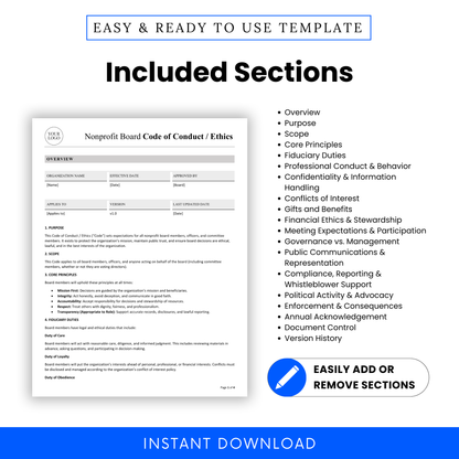 Nonprofit board code of conduct policy template with included sections on a white background