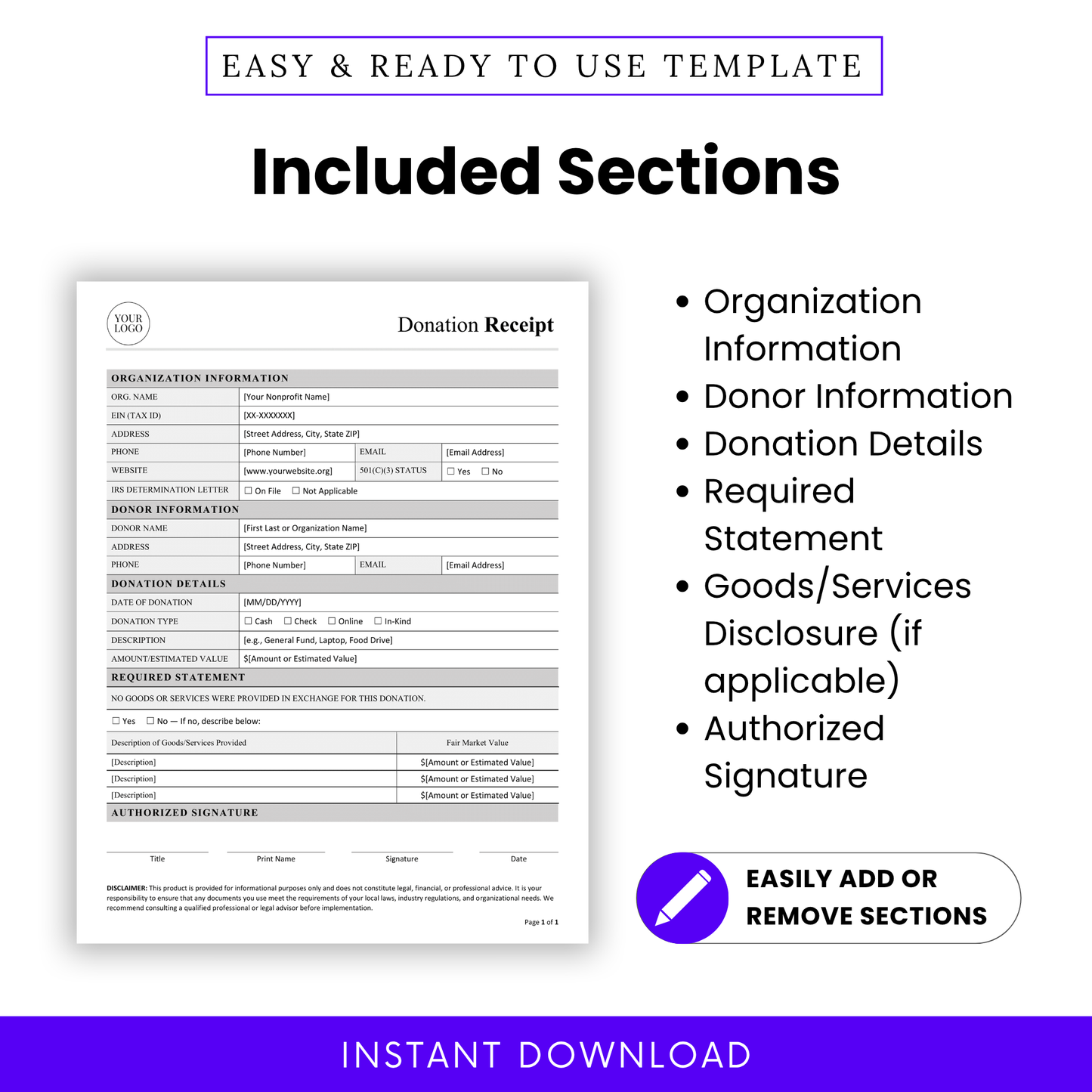 Donation Receipt Template PDF highlighting key sections like organization information, donor details, donation breakdown, and required statements. This editable business template ensures all essential components are included for proper documentation and reporting. Ideal for nonprofits needing a clear, structured, and customizable receipt format.