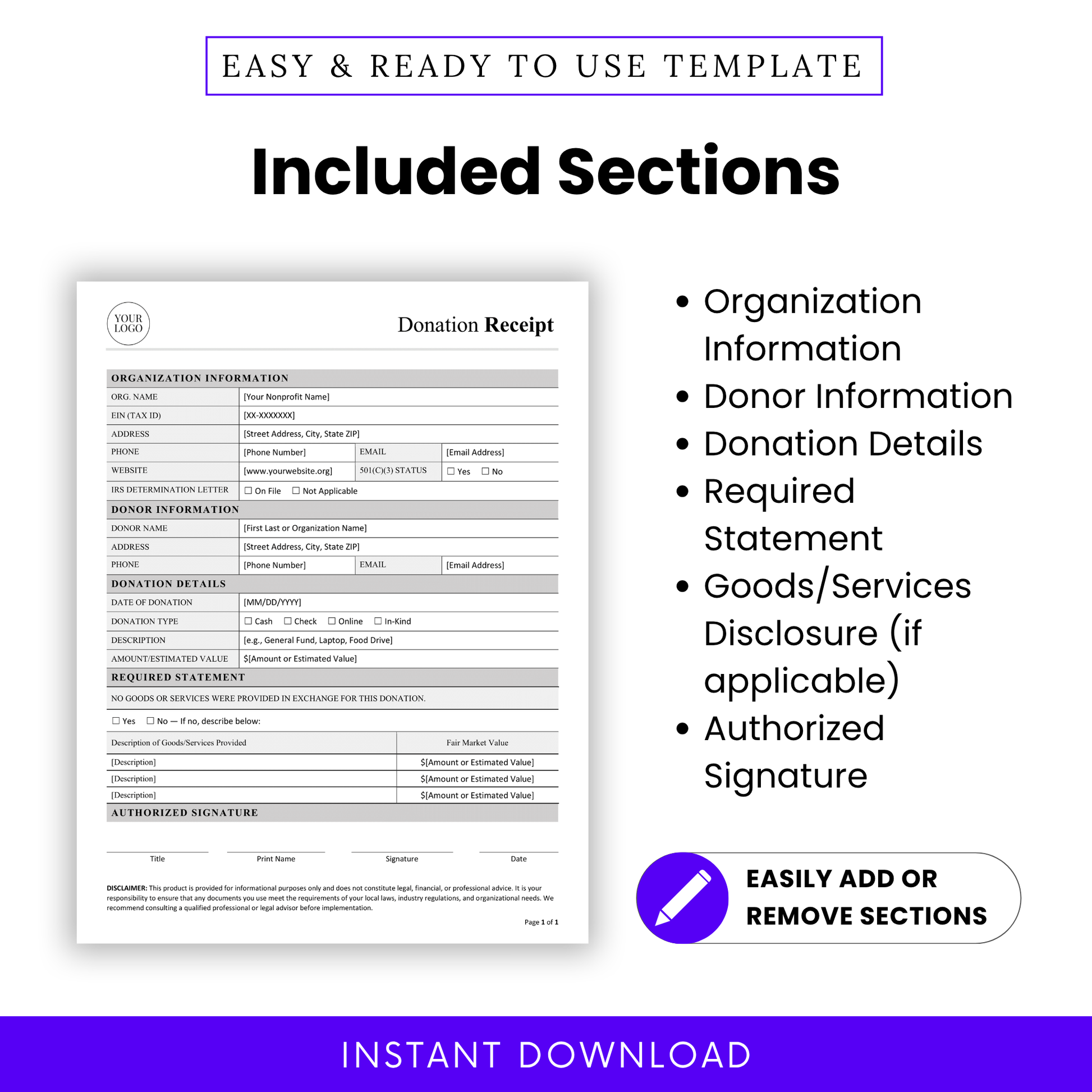 Donation Receipt Template PDF highlighting key sections like organization information, donor details, donation breakdown, and required statements. This editable business template ensures all essential components are included for proper documentation and reporting. Ideal for nonprofits needing a clear, structured, and customizable receipt format.