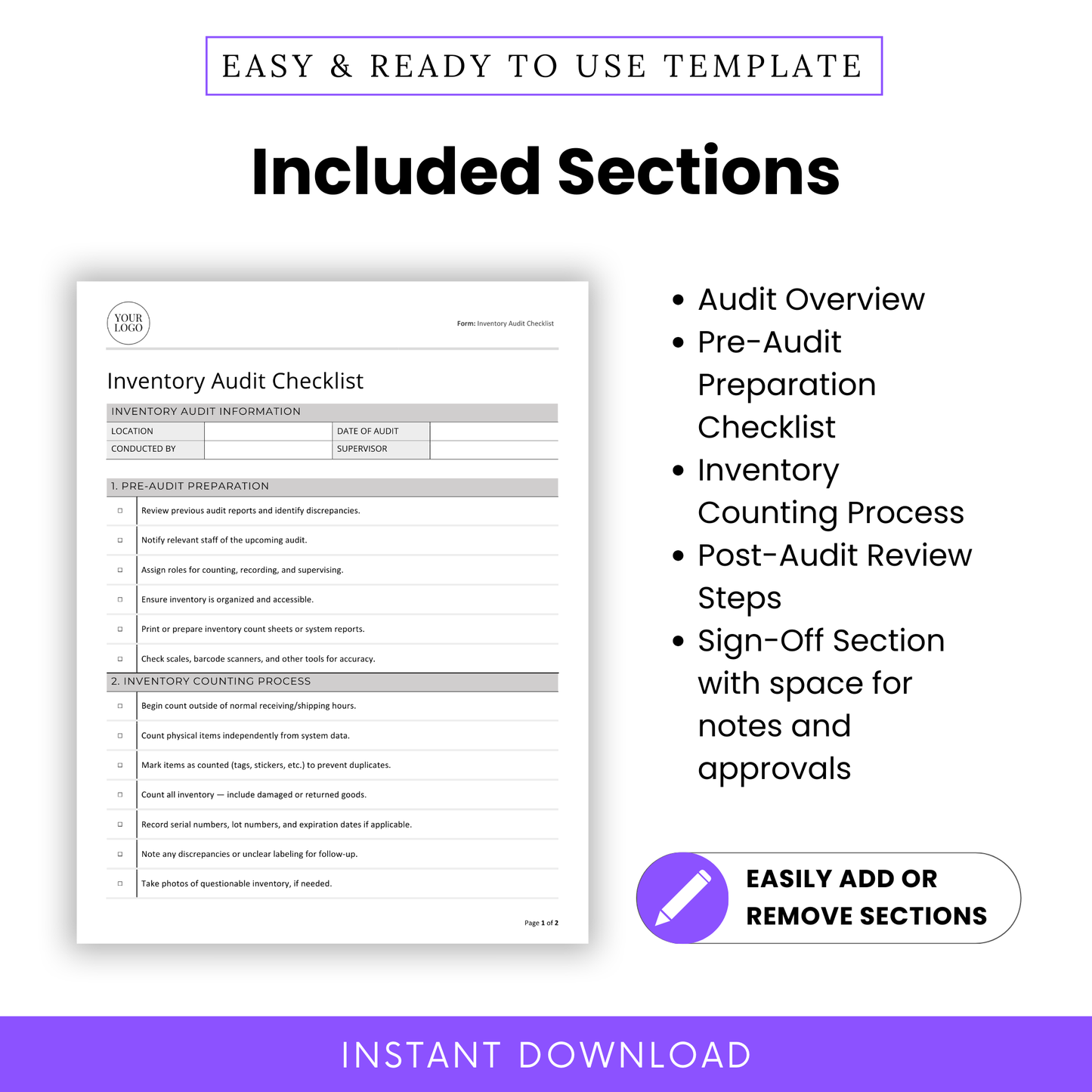 Inventory Audit Checklist sections listed beside a preview of the form, including Audit Overview, Pre-Audit Prep, Counting Process, Post-Audit Steps, and Sign-Off Section.