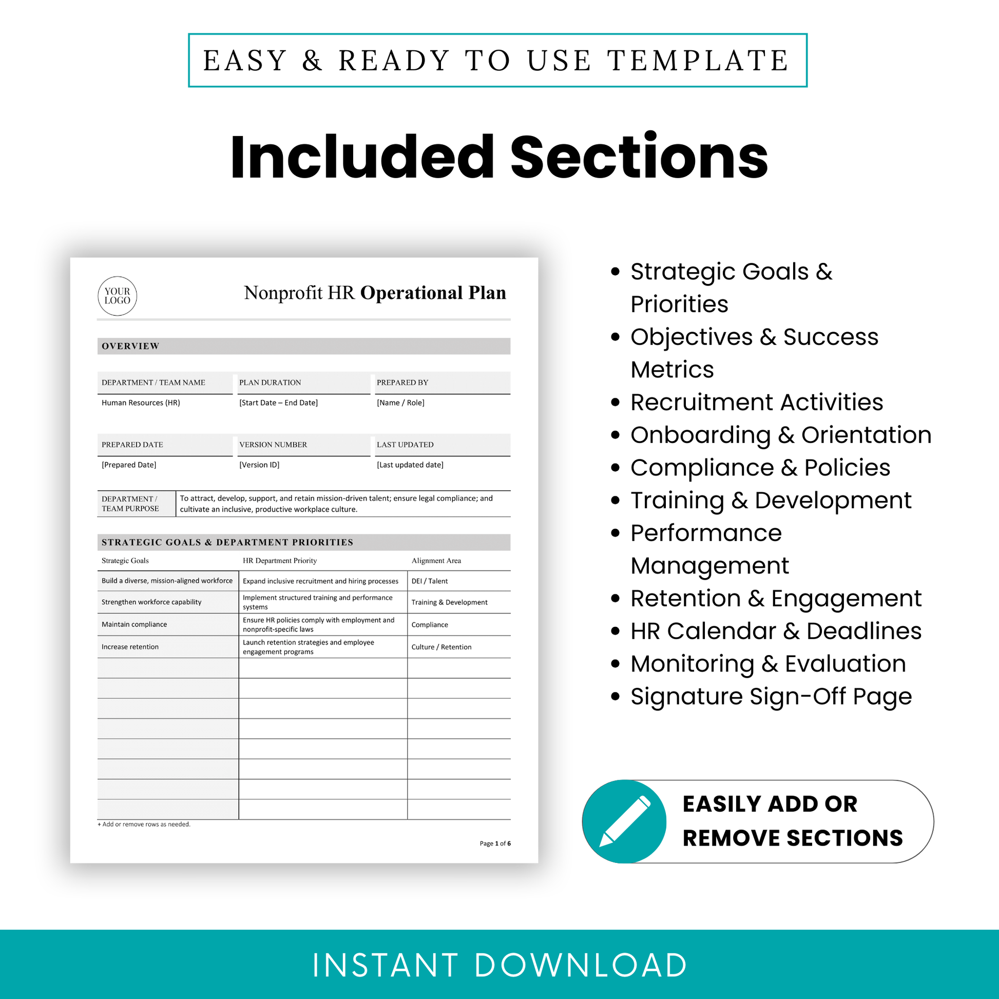 Nonprofit HR template sections including strategic goals, success metrics, recruitment, onboarding, compliance policies, training, performance management, retention, HR calendar