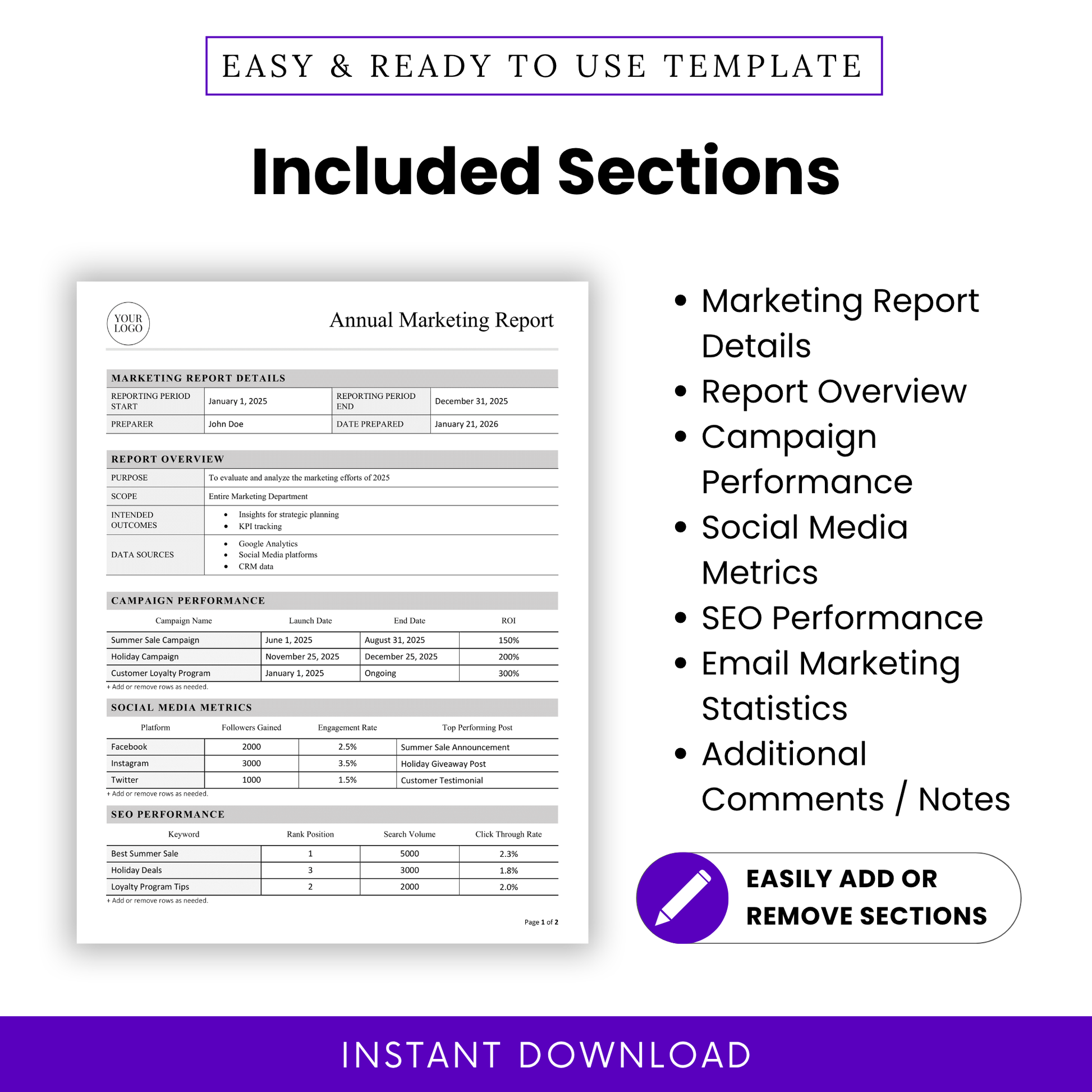 Editable Annual Marketing Report Template showcasing sections like Marketing Report Details, Campaign Performance, and Email Marketing Statistics. This simple marketing report template helps teams organize data, measure results, and present insights clearly.