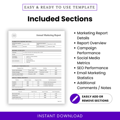 Editable Annual Marketing Report Template showcasing sections like Marketing Report Details, Campaign Performance, and Email Marketing Statistics. This simple marketing report template helps teams organize data, measure results, and present insights clearly.