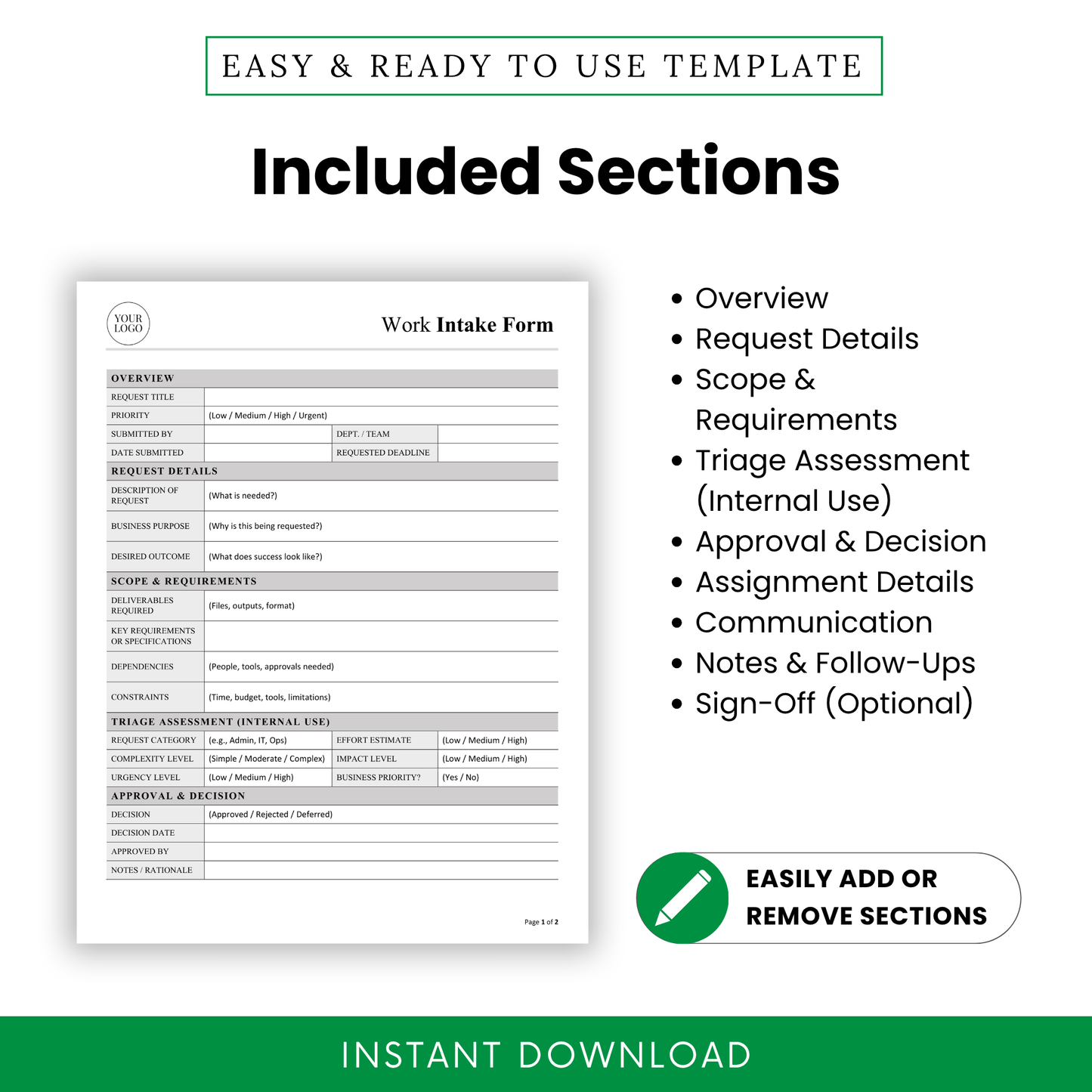 Work intake form template sections list including overview, request details, scope and requirements, triage assessment, approval decision, assignment details, communication, and notes follow-ups