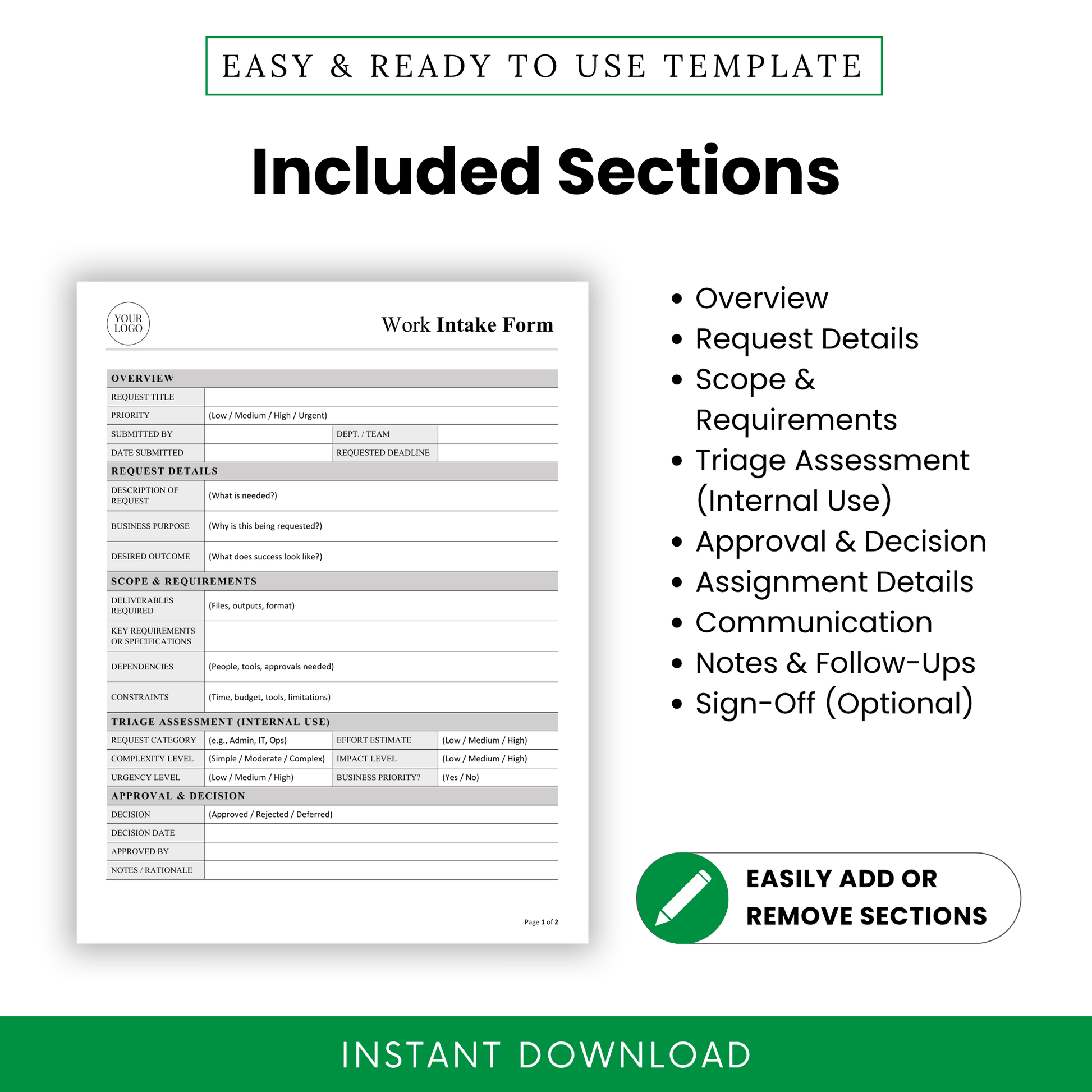 Work intake form template sections list including overview, request details, scope and requirements, triage assessment, approval decision, assignment details, communication, and notes follow-ups