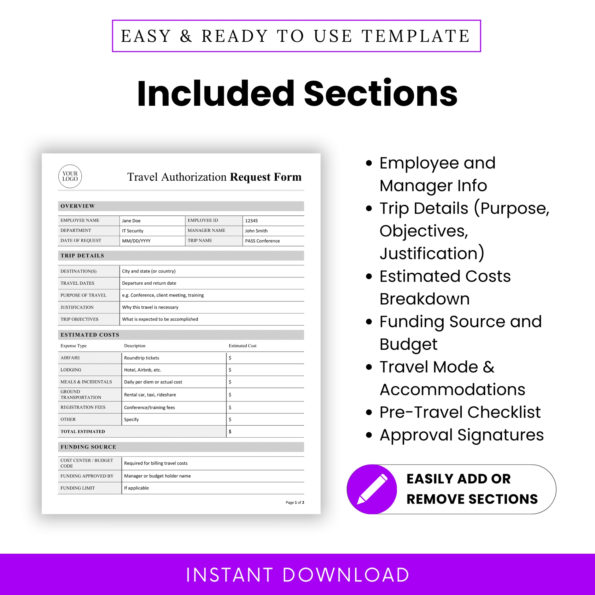 Travel authorization request form sections overview including employee info, trip purpose, cost estimates, funding source, travel mode, checklist, and approval signatures for corporate workflow