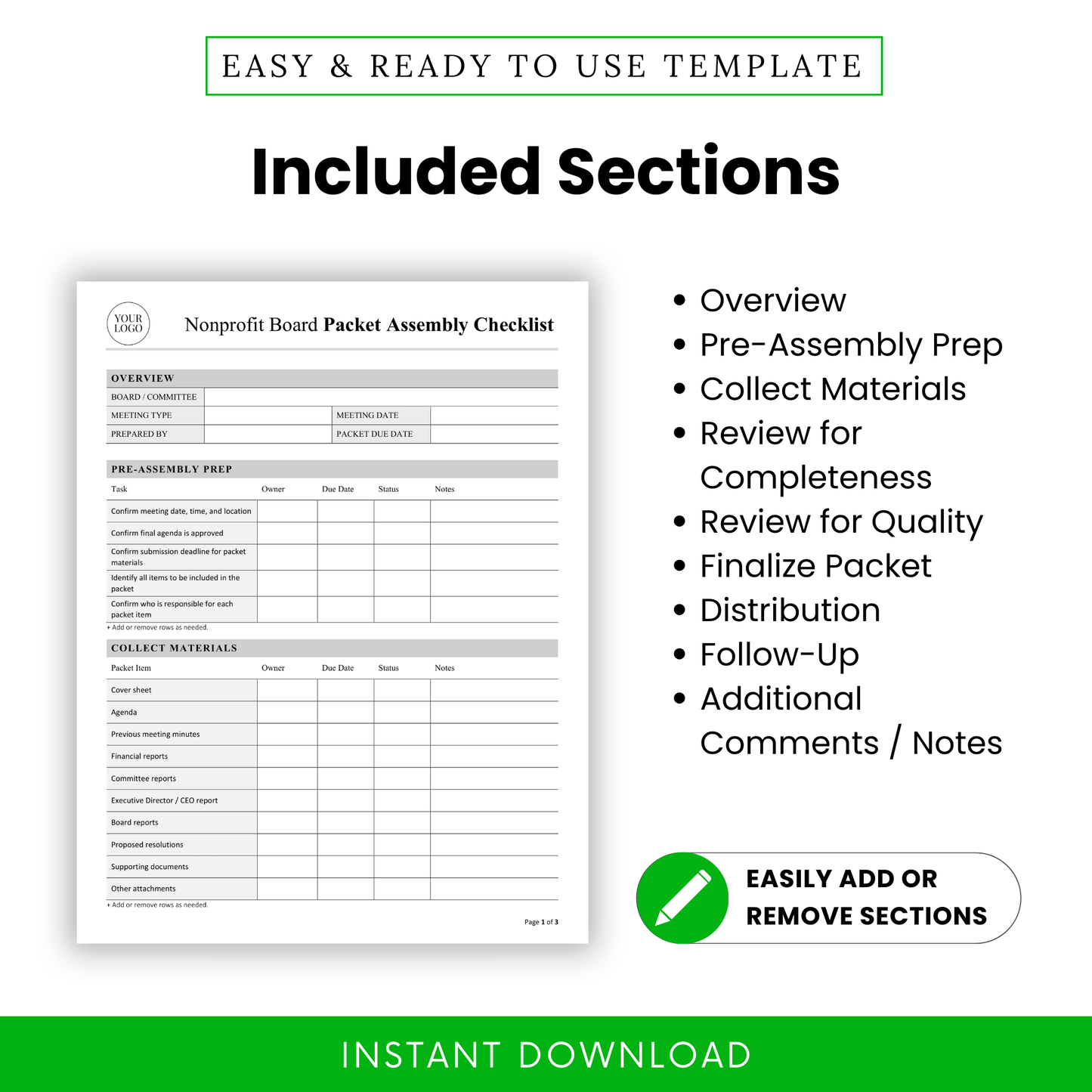Included sections graphic for the Nonprofit Board Packet Assembly Checklist, showing a page preview beside a bullet list of sections: Overview, Pre-Assembly Prep, Collect Materials, Review for Completeness, Review for Quality, Finalize Packet, Distribution, Follow-Up, and Additional Comments/Notes.