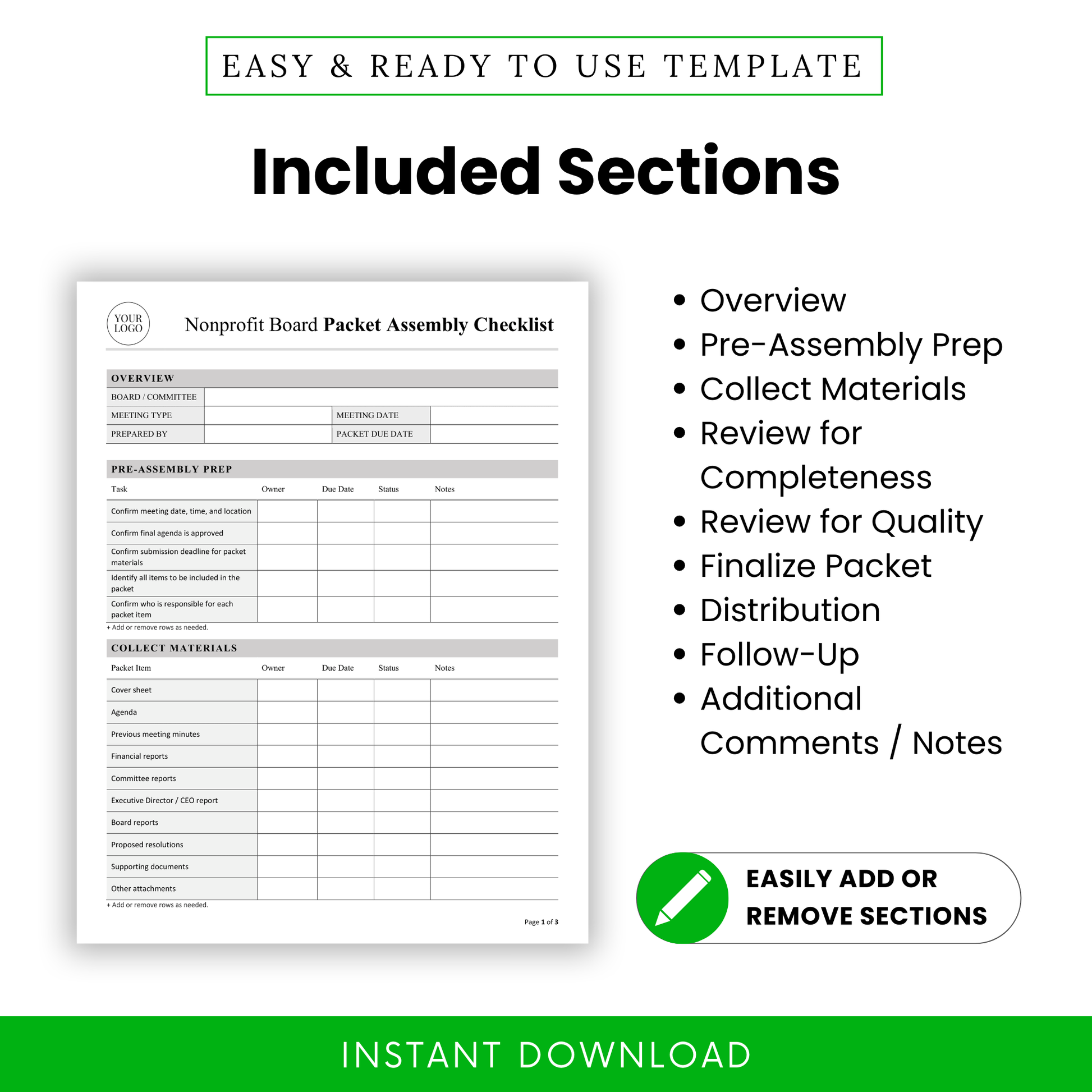 Included sections graphic for the Nonprofit Board Packet Assembly Checklist, showing a page preview beside a bullet list of sections: Overview, Pre-Assembly Prep, Collect Materials, Review for Completeness, Review for Quality, Finalize Packet, Distribution, Follow-Up, and Additional Comments/Notes.