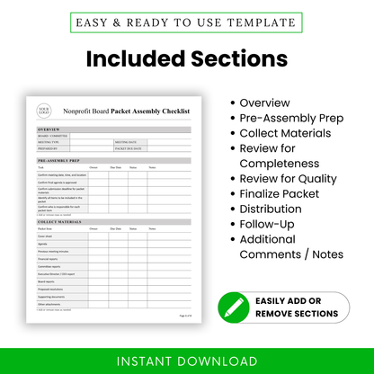 Included sections graphic for the Nonprofit Board Packet Assembly Checklist, showing a page preview beside a bullet list of sections: Overview, Pre-Assembly Prep, Collect Materials, Review for Completeness, Review for Quality, Finalize Packet, Distribution, Follow-Up, and Additional Comments/Notes.