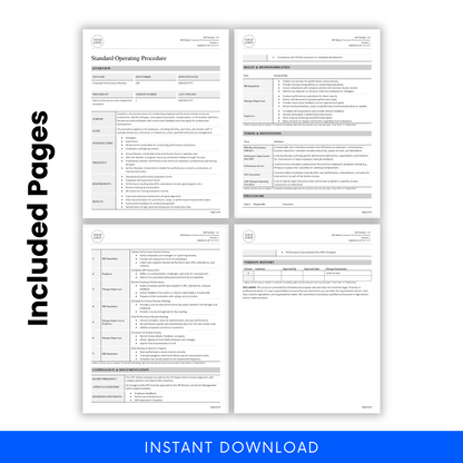 Complete visual layout of all four SOP pages including version history, terms, roles, and feedback procedures