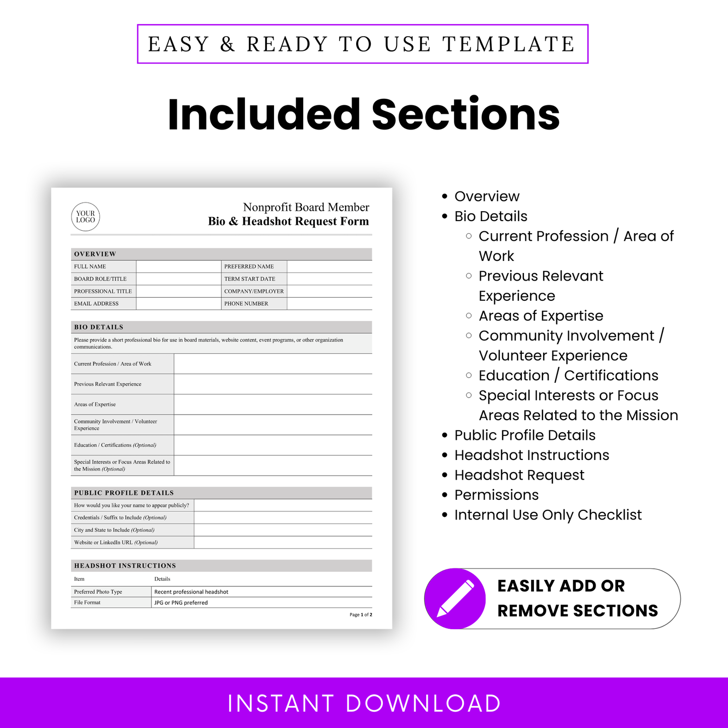 Editable nonprofit board member bio and headshot request form template showing included sections such as overview, bio details, public profile details, headshot instructions, permissions, and internal use checklist for nonprofit administration