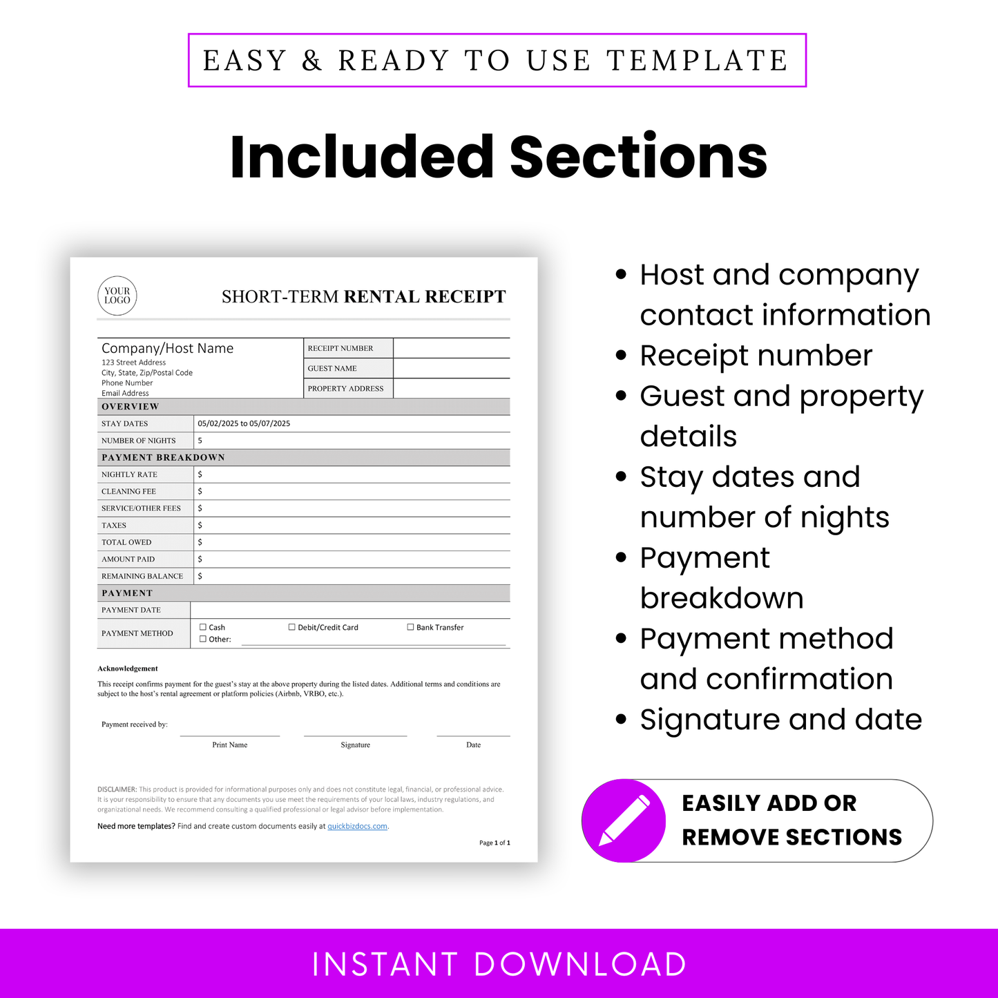 Detailed view of the sections included in the rental receipt template, such as host contact information, guest details, payment breakdown, and signature area