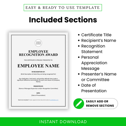 Employee recognition certificate template sections including title, recipient name, recognition statement, appreciation message, presenter name, and presentation date