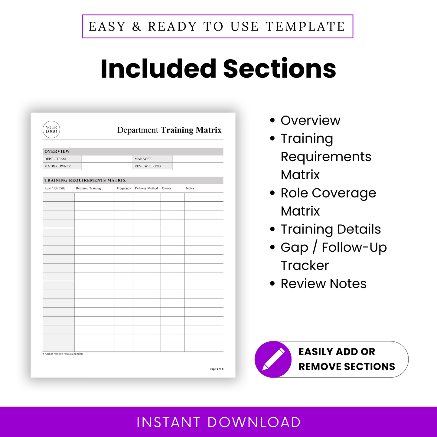 Department training matrix template sections overview including training requirements matrix, role coverage tracker, training details log, and review notes for workforce training organization