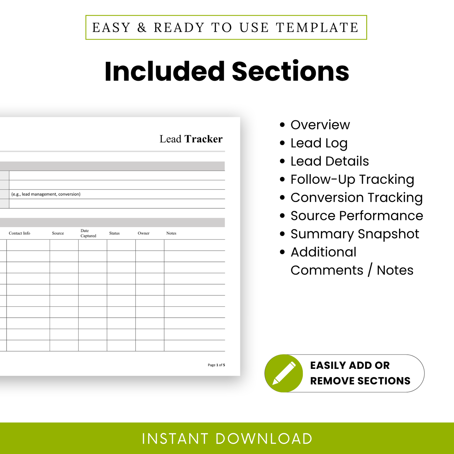 Simple Lead Tracker Template highlighting included sections like overview, lead details, and source performance in a clean, minimal design. This CRM template is ideal for organizing leads, tracking progress, and maintaining clear business records.