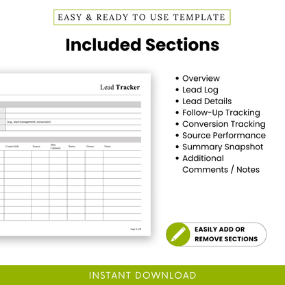Simple Lead Tracker Template highlighting included sections like overview, lead details, and source performance in a clean, minimal design. This CRM template is ideal for organizing leads, tracking progress, and maintaining clear business records.