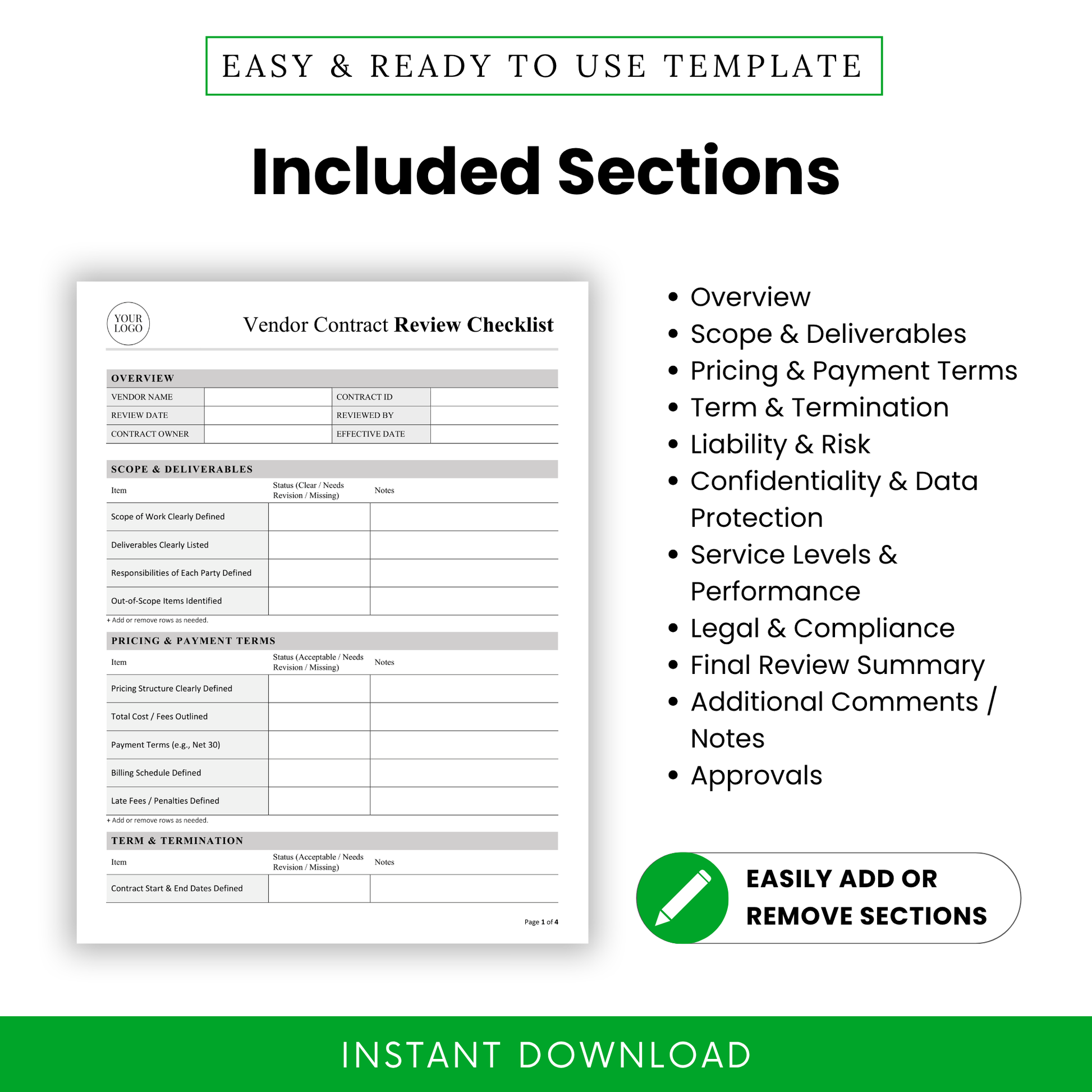 Vendor Contract Review Checklist Template overview displaying all included sections like scope, pricing, compliance, and approvals. This editable business checklist template helps teams organize contract reviews with a clear and professional structure.