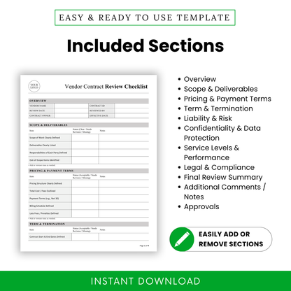Vendor Contract Review Checklist Template overview displaying all included sections like scope, pricing, compliance, and approvals. This editable business checklist template helps teams organize contract reviews with a clear and professional structure.