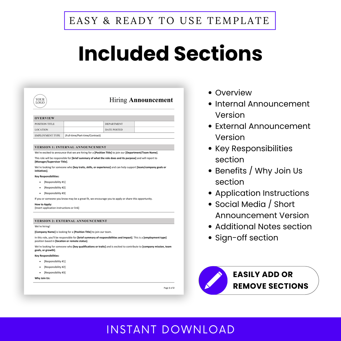 Editable hiring template sections overview including job overview, responsibilities, benefits, application instructions, and sign-off section for professional recruitment use