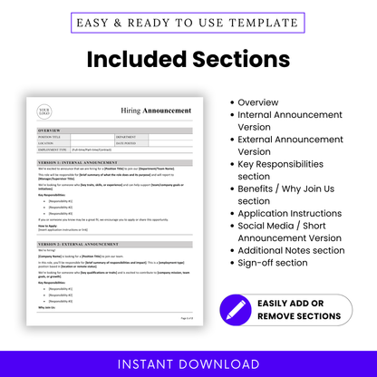 Editable hiring template sections overview including job overview, responsibilities, benefits, application instructions, and sign-off section for professional recruitment use