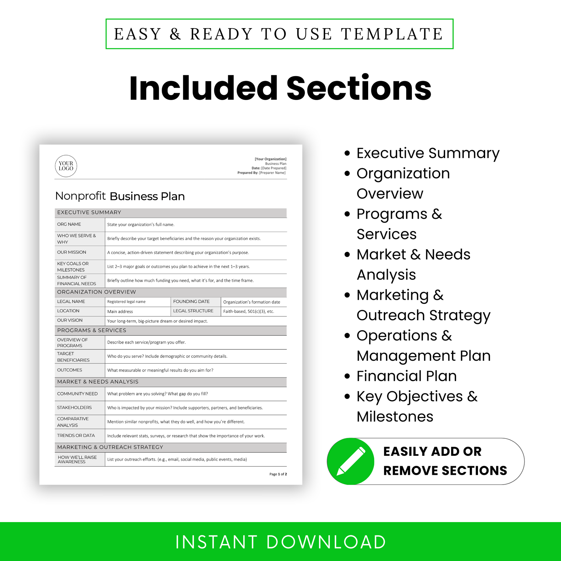 Nonprofit Business Plan Template page with a section list on the side: Executive Summary, Organization Overview, Programs & Services, Market Analysis, Marketing Strategy, Operations Plan, Financial Plan, and Key Objectives."