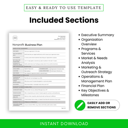 Nonprofit Business Plan Template page with a section list on the side: Executive Summary, Organization Overview, Programs & Services, Market Analysis, Marketing Strategy, Operations Plan, Financial Plan, and Key Objectives."