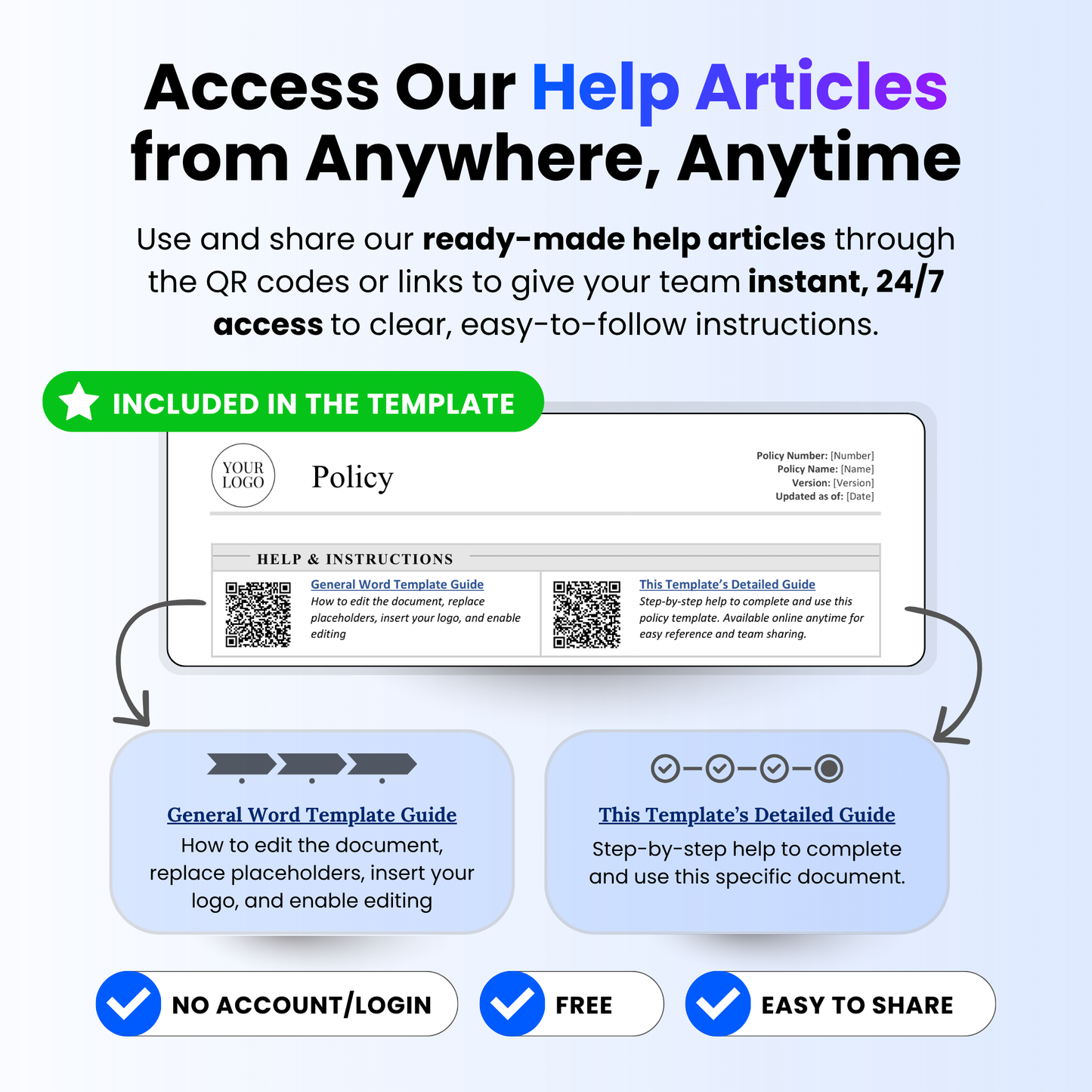 Policy template with built-in help articles and QR codes for easy team access, featuring ready-made instructions, no login required resources, and shareable guidance for editing and using the business policy template across teams and departments