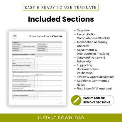 Reconciliation checklist sections list including overview, reconciliation completeness, transaction accuracy, discrepancies tracking, and approval sign-off for financial review