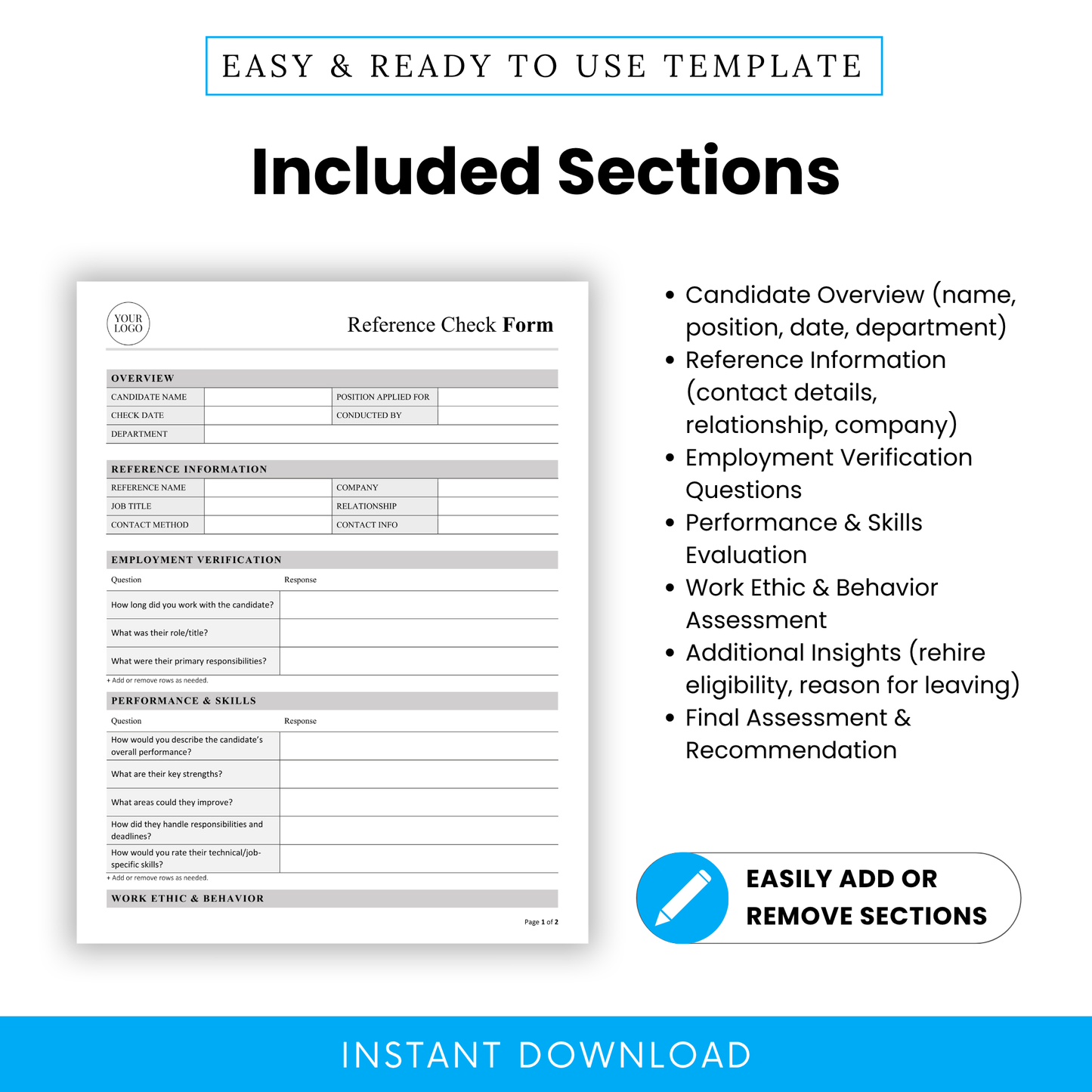 Reference check form sections list including candidate overview, reference information, employment verification, performance evaluation, work ethic assessment, hiring template infographic