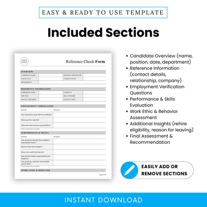Reference check form sections list including candidate overview, reference information, employment verification, performance evaluation, work ethic assessment, hiring template infographic