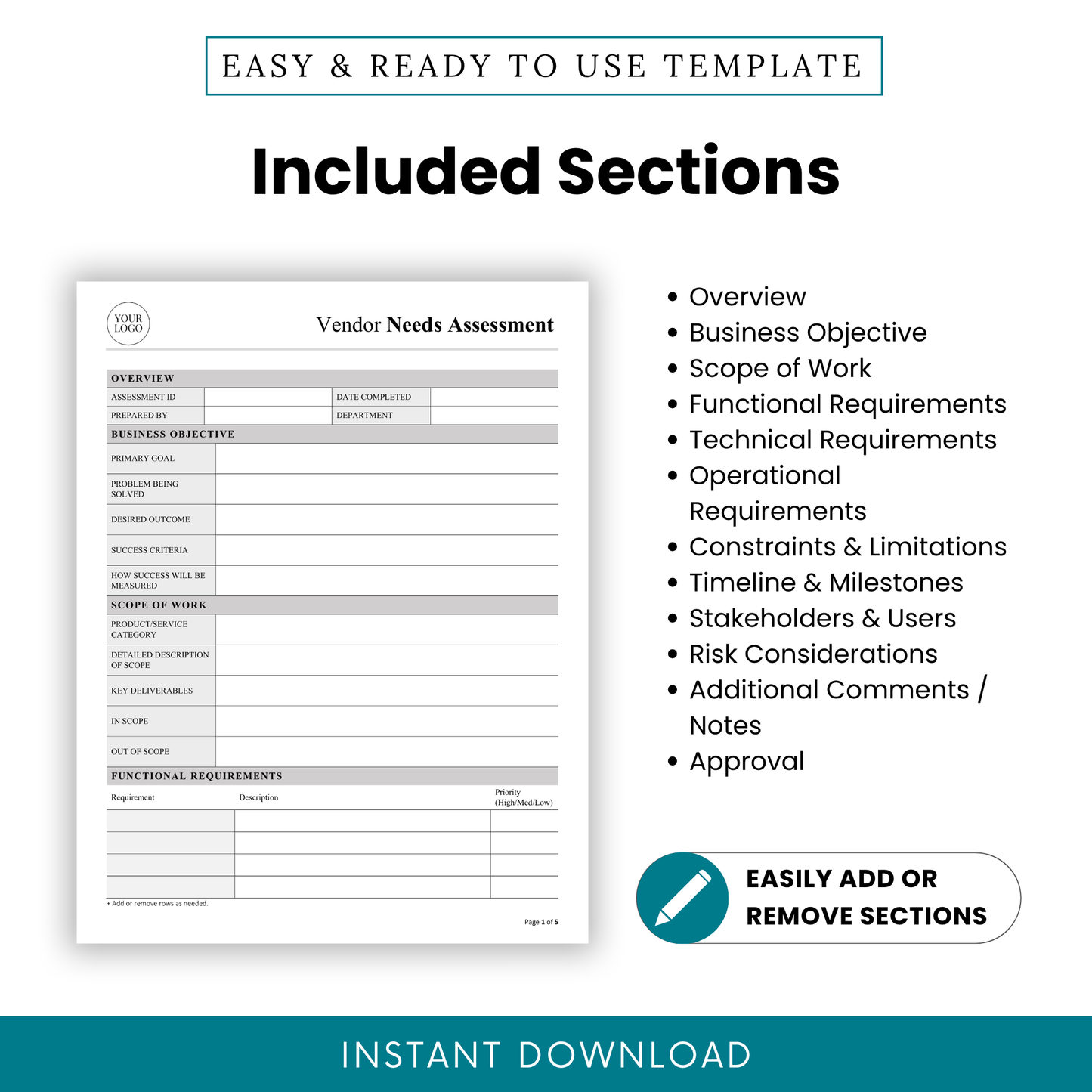 Vendor Needs Assessment Template PDF displaying all key sections like scope of work, technical requirements, and risk considerations. This simple business template helps teams and managers structure vendor evaluations and streamline decision-making processes.