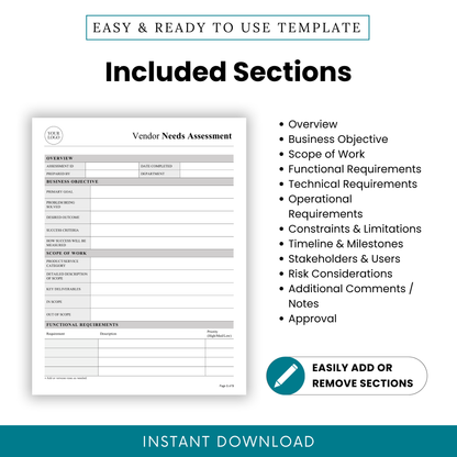 Vendor Needs Assessment Template PDF displaying all key sections like scope of work, technical requirements, and risk considerations. This simple business template helps teams and managers structure vendor evaluations and streamline decision-making processes.