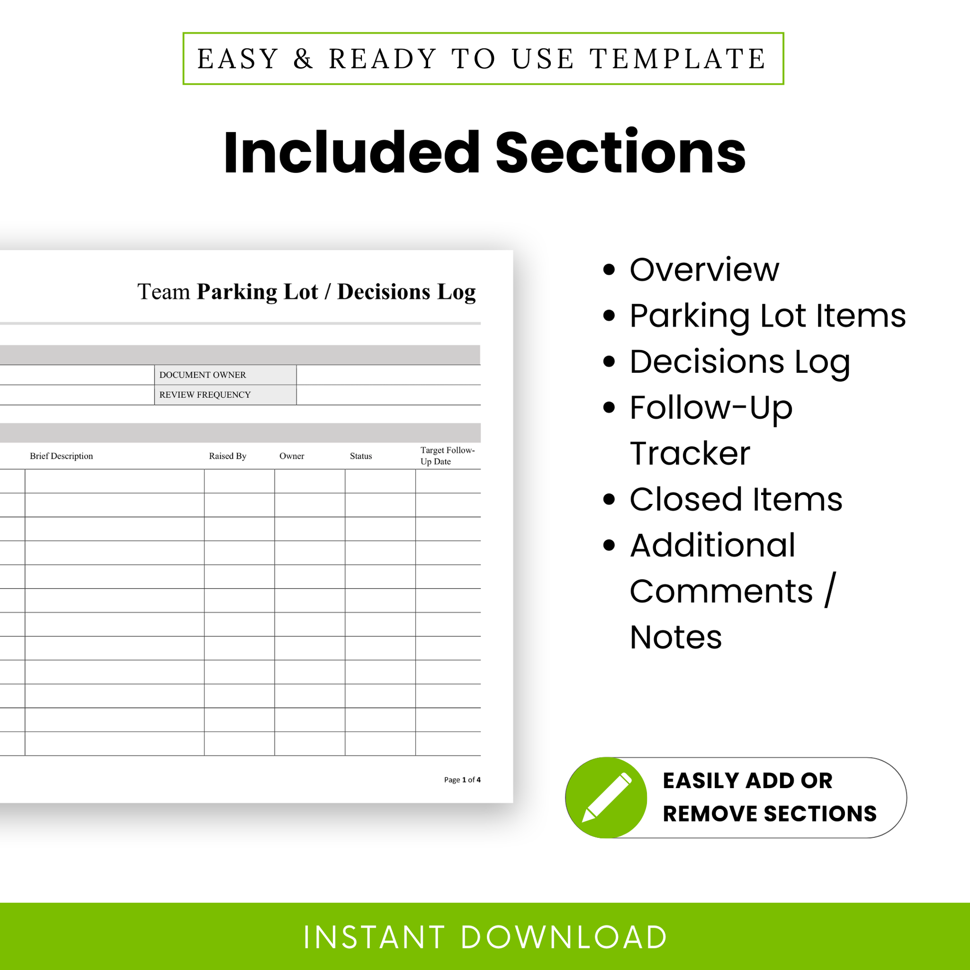Editable team decision log template sections including overview, parking lot items, decisions log, follow-up tracker, closed items, and notes section for project management