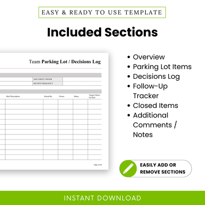 Editable team decision log template sections including overview, parking lot items, decisions log, follow-up tracker, closed items, and notes section for project management