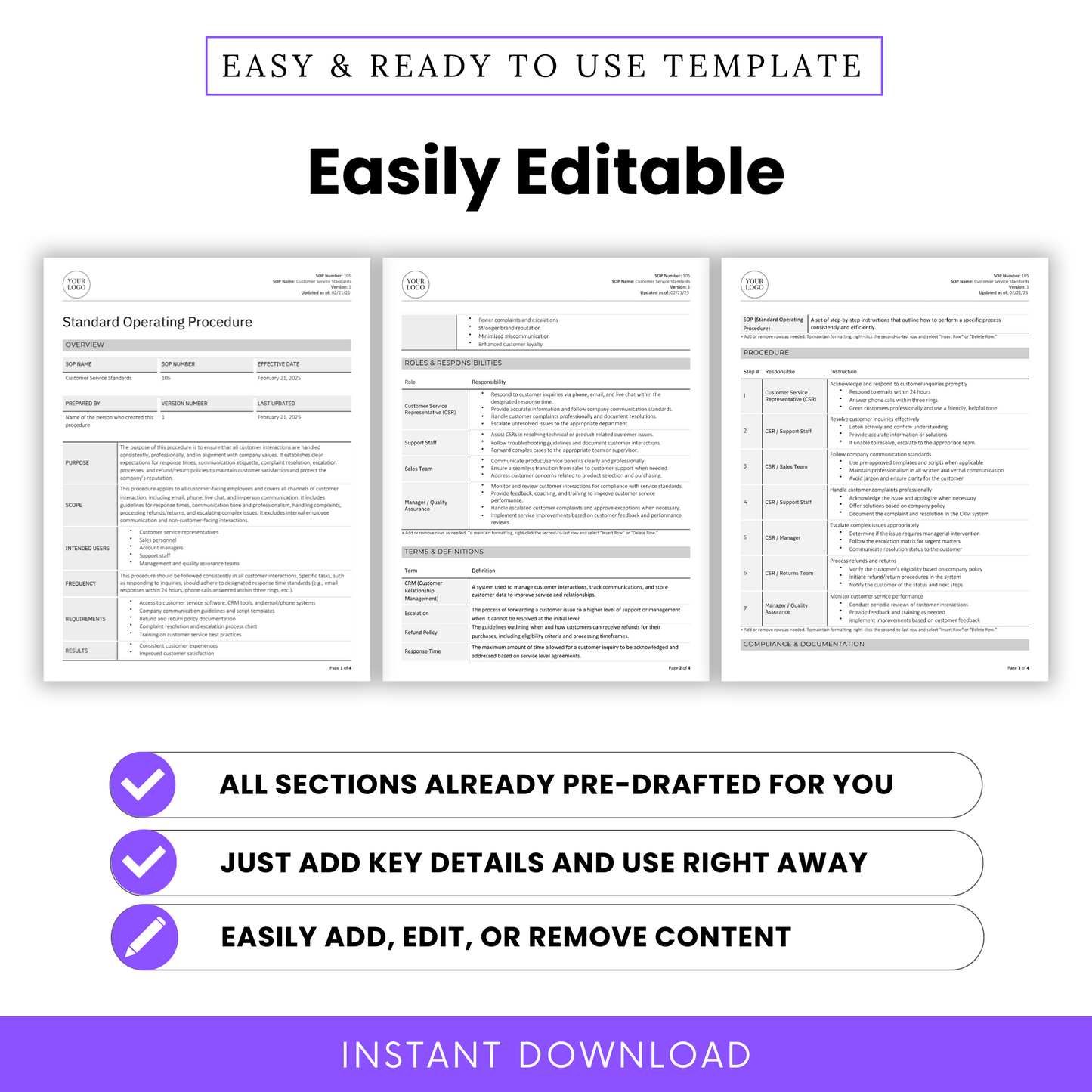 Customer Service Standards SOP Template (Word & PDF) – Simple Standard Operating Procedure Template