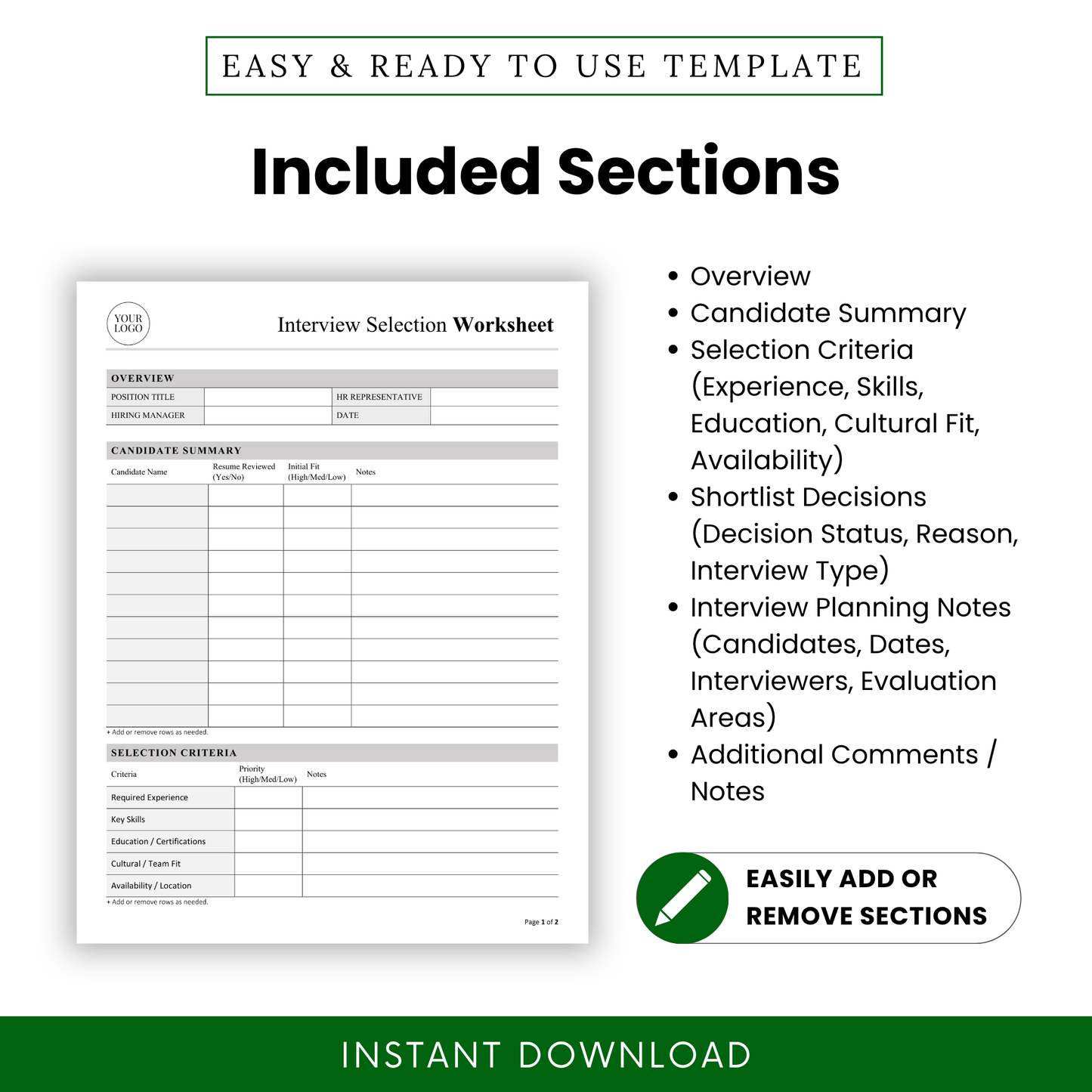 HR interview worksheet sections overview showing candidate summary, selection criteria, shortlist decisions, interview planning notes, and additional comments section for structured hiring workflow