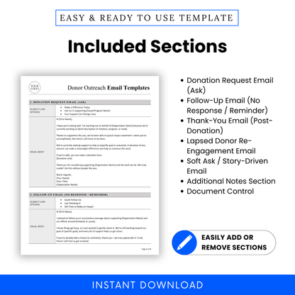 Donor Outreach Email Template Word highlighting all key sections such as donation requests, follow-ups, and thank-you emails. This editable fundraising template is designed for nonprofits and small teams to easily customize and manage donor communications.