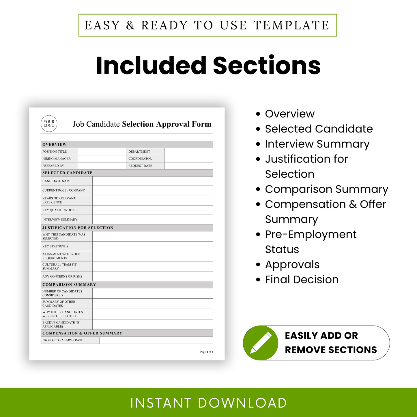 Detailed view of sections included in this Job Candidate Selection Approval Form Template PDF, including overview, candidate details, and approval workflow. This editable HR template ensures organized hiring documentation and supports efficient decision-making for managers and recruiters.