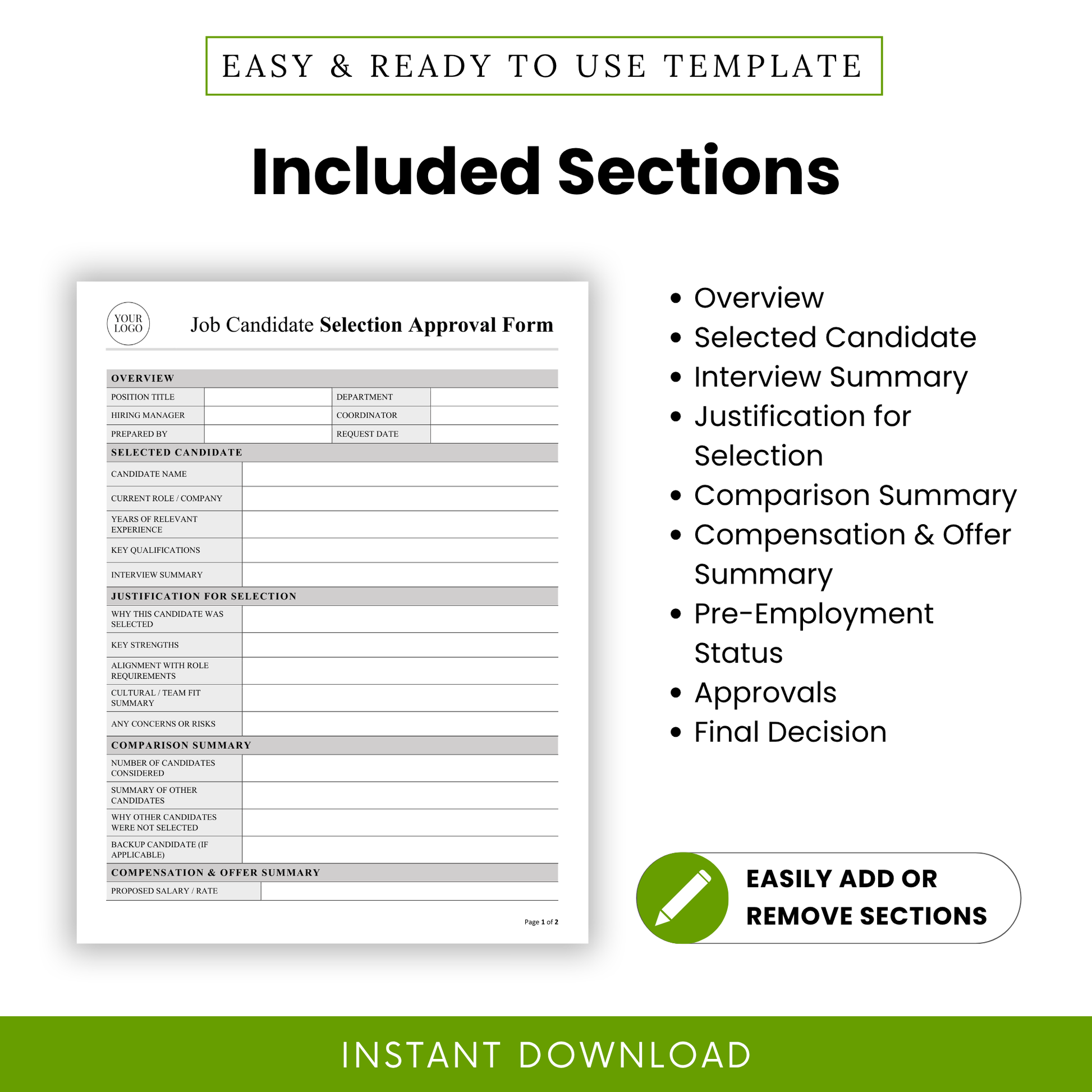 Detailed view of sections included in this Job Candidate Selection Approval Form Template PDF, including overview, candidate details, and approval workflow. This editable HR template ensures organized hiring documentation and supports efficient decision-making for managers and recruiters.