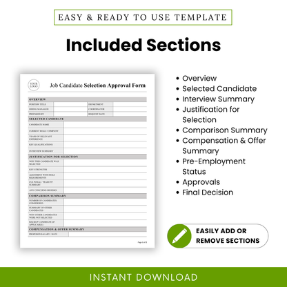 Detailed view of sections included in this Job Candidate Selection Approval Form Template PDF, including overview, candidate details, and approval workflow. This editable HR template ensures organized hiring documentation and supports efficient decision-making for managers and recruiters.