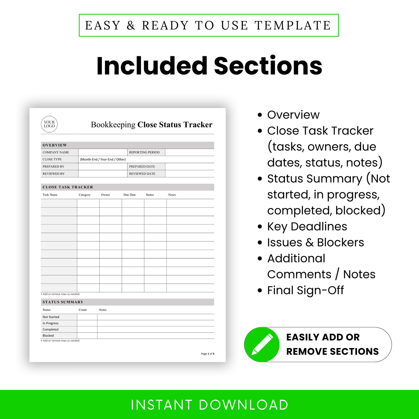 Accounting tracker template sections overview including close task tracker, status summary, key deadlines, issues log, and bookkeeping workflow organization