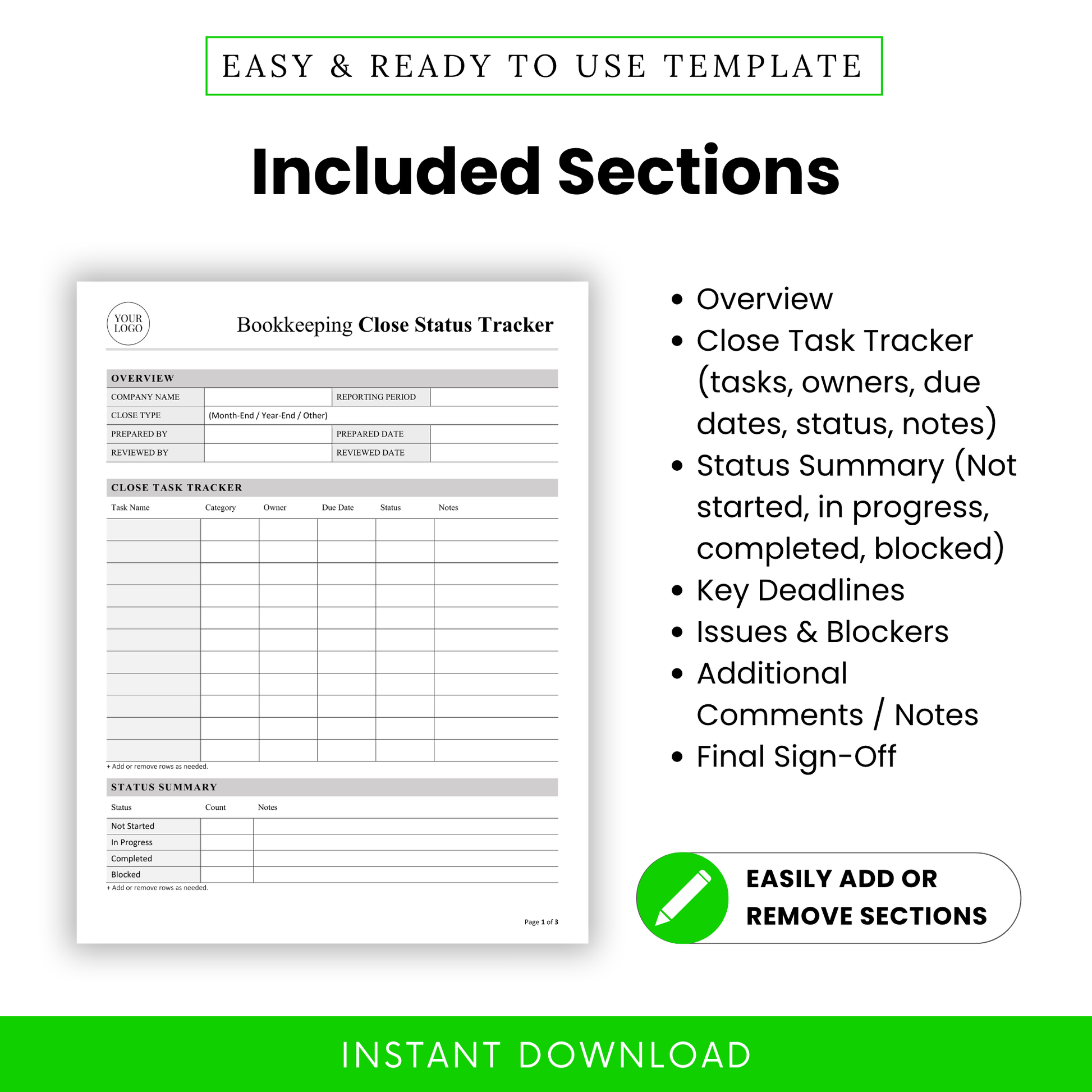 Accounting tracker template sections overview including close task tracker, status summary, key deadlines, issues log, and bookkeeping workflow organization