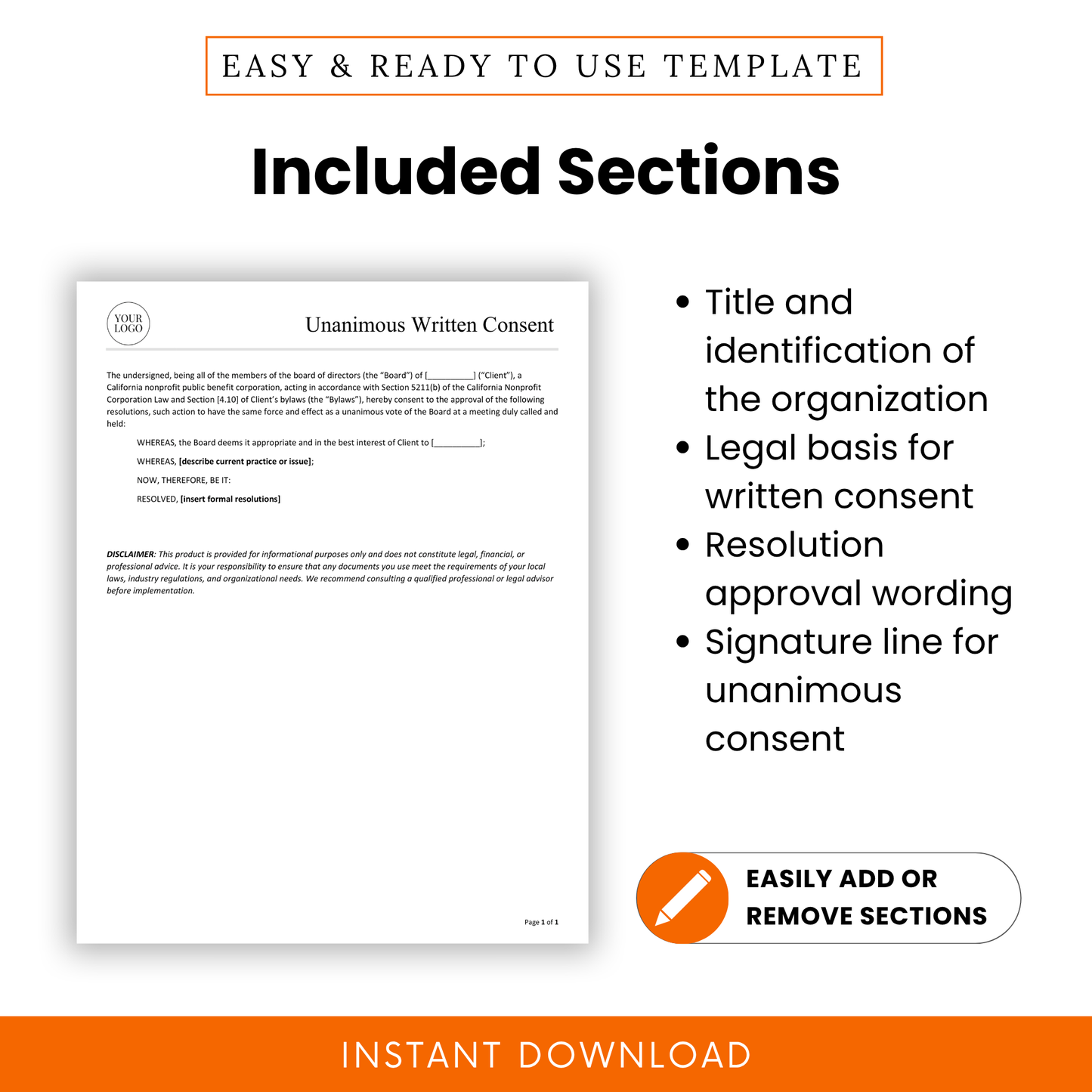 Nonprofit written consent template showing sections for organization details, legal basis, resolution wording, and signature lines, editable governance document