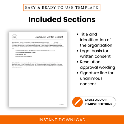 Nonprofit written consent template showing sections for organization details, legal basis, resolution wording, and signature lines, editable governance document