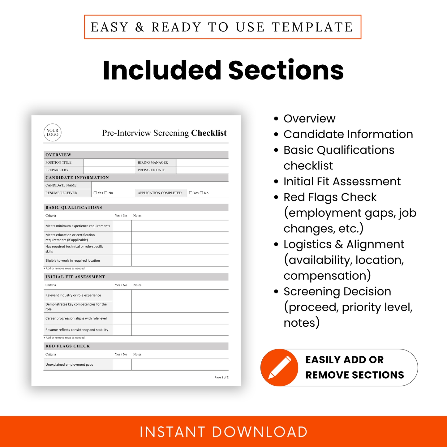 Detailed breakdown of pre-interview checklist sections including candidate information, basic qualifications, initial fit assessment, red flags check, logistics alignment, and screening decision