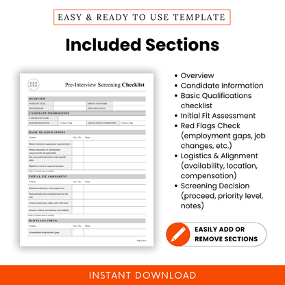 Detailed breakdown of pre-interview checklist sections including candidate information, basic qualifications, initial fit assessment, red flags check, logistics alignment, and screening decision