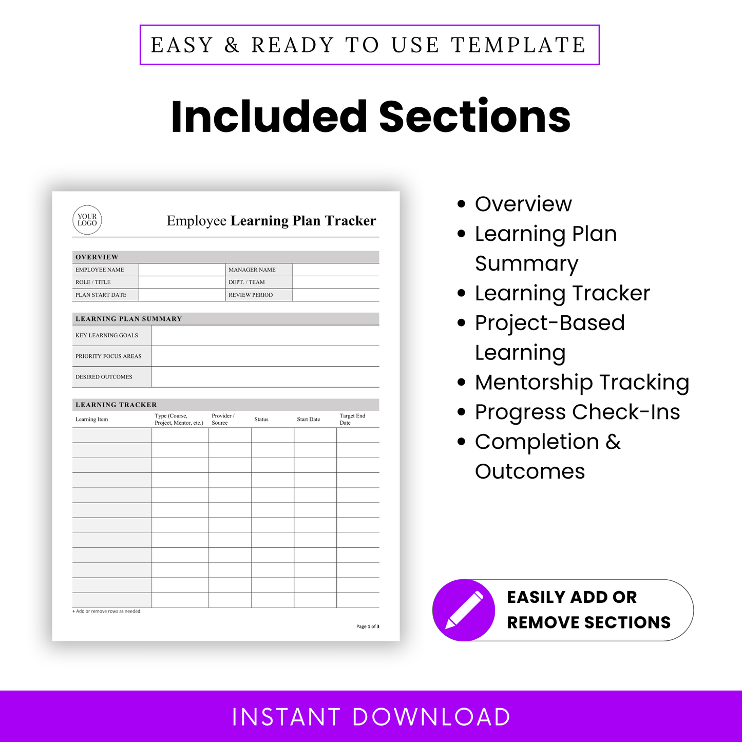 Employee learning plan tracker template sections list, featuring overview, learning plan summary, learning tracker, project-based learning, mentorship tracking, progress check-ins, and completion outcomes