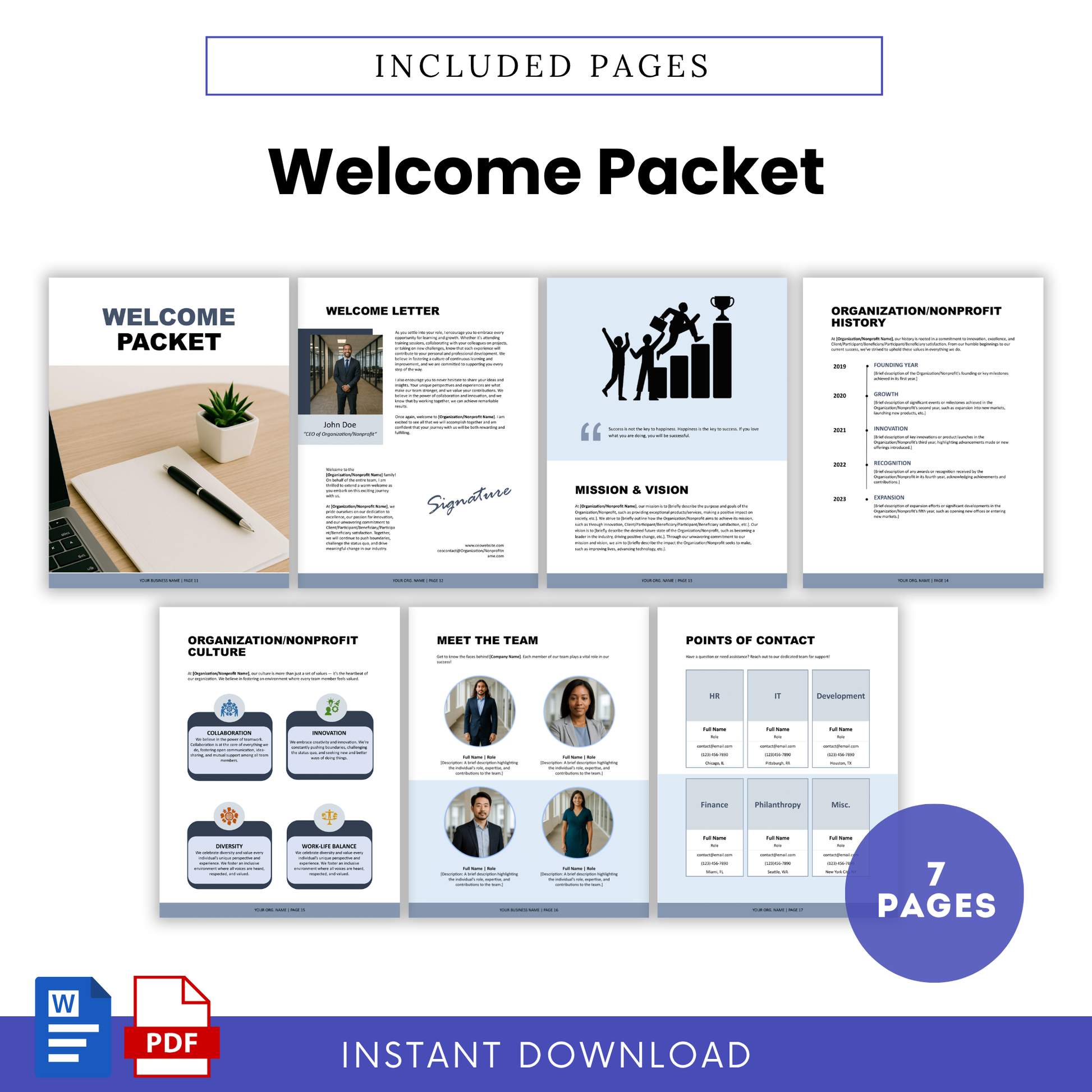 Editable welcome packet pages featuring a welcome letter, mission and vision, team introductions, and key contact information for new employees