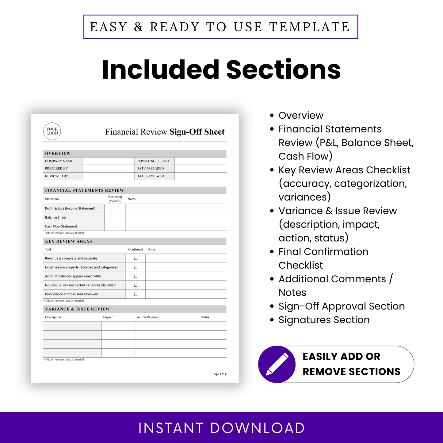 Financial Review Sign-Off Sheet template sections including financial statements review, accounting checklist, variance log, approval form, and signature section.
